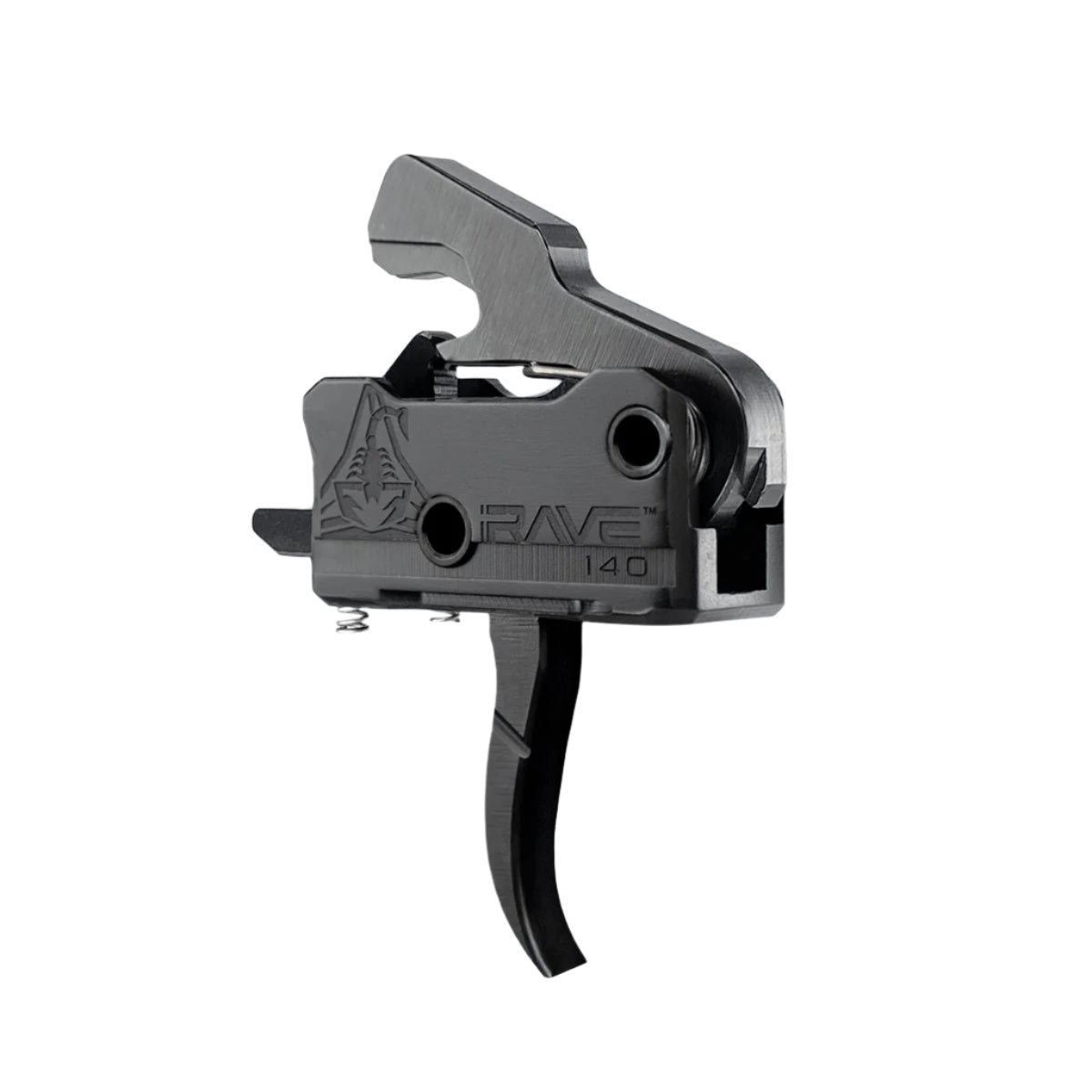 Black firearm trigger mechanism on a light gray background