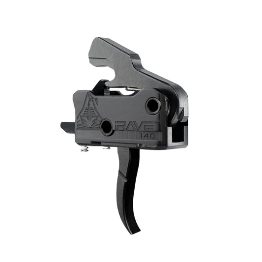 Black firearm trigger mechanism on a light gray background