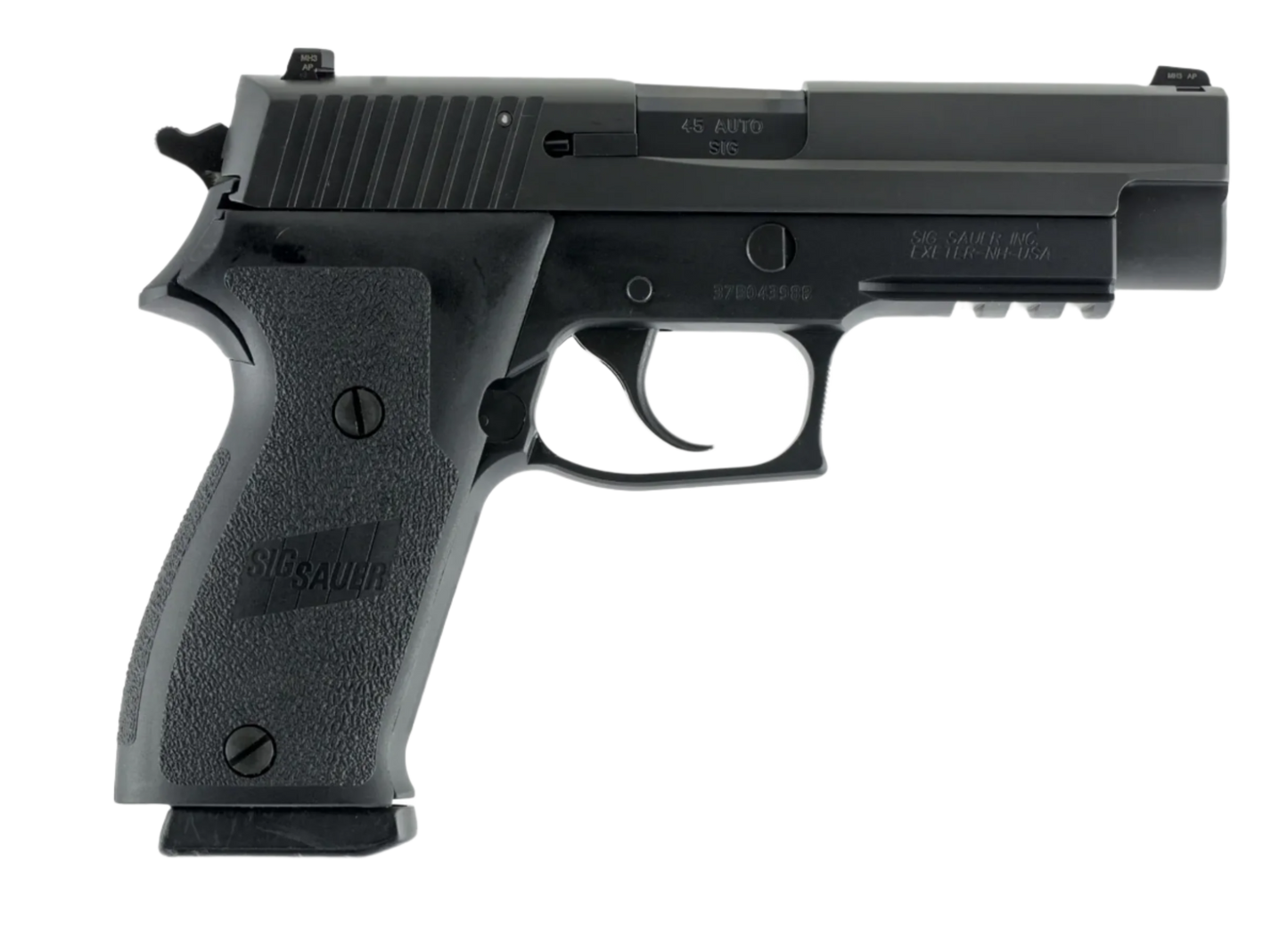 Black handgun on a white background