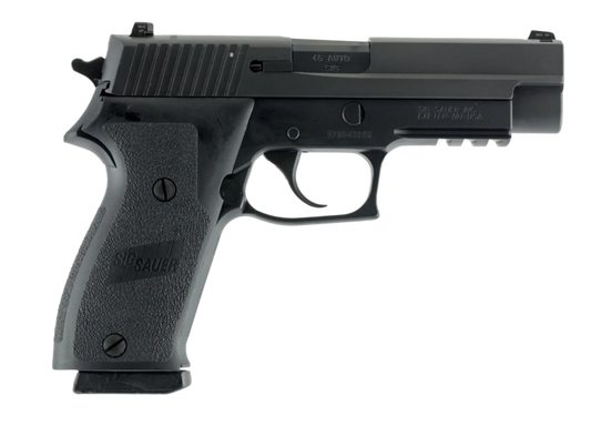 Black handgun on a white background